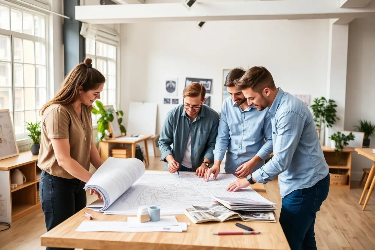 AV Design team collaborating on architectural plans